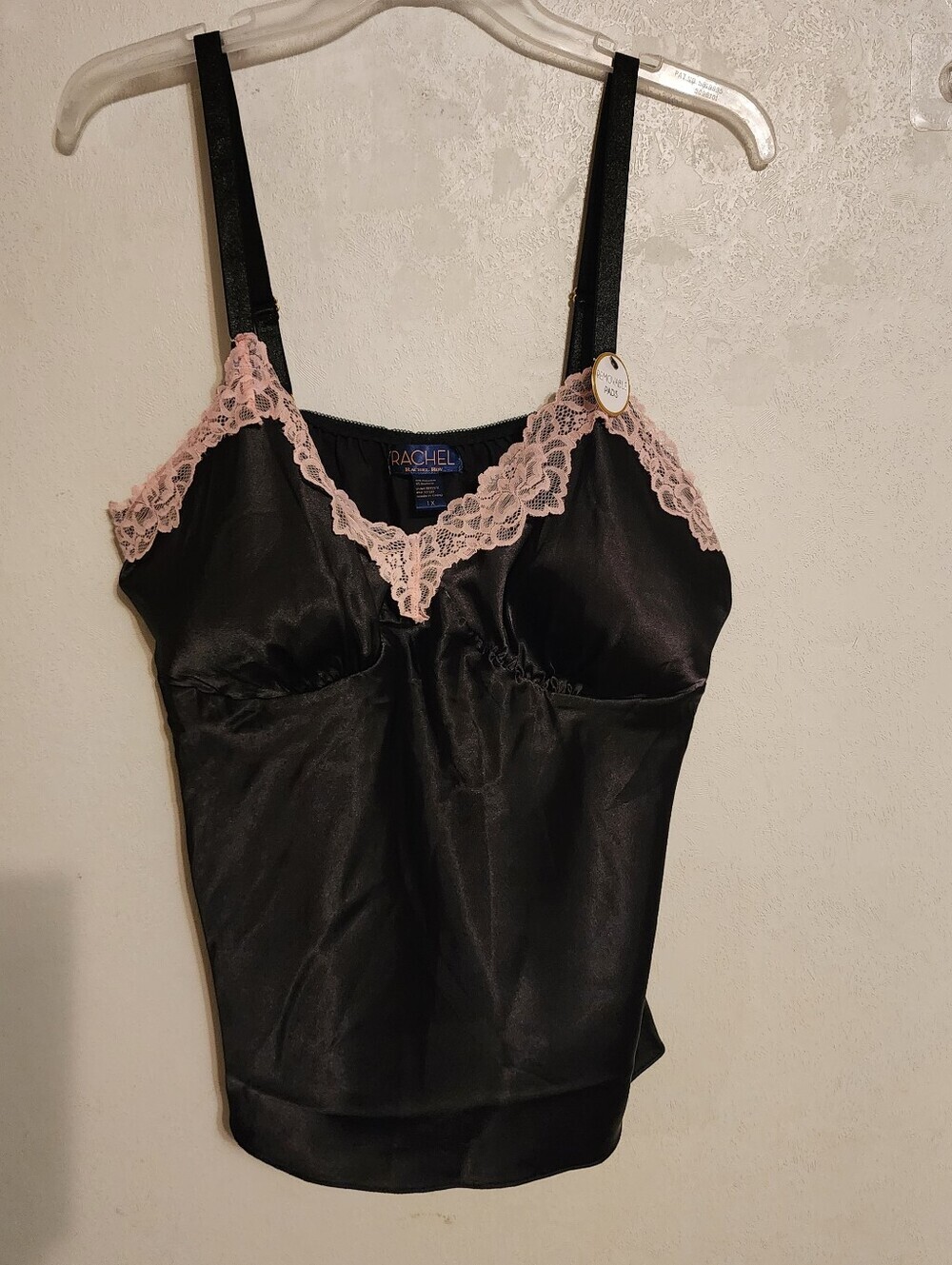 Rachel Rachel Roy Black Satin Camisole Top Pink Lace Trim Size 1X NWT